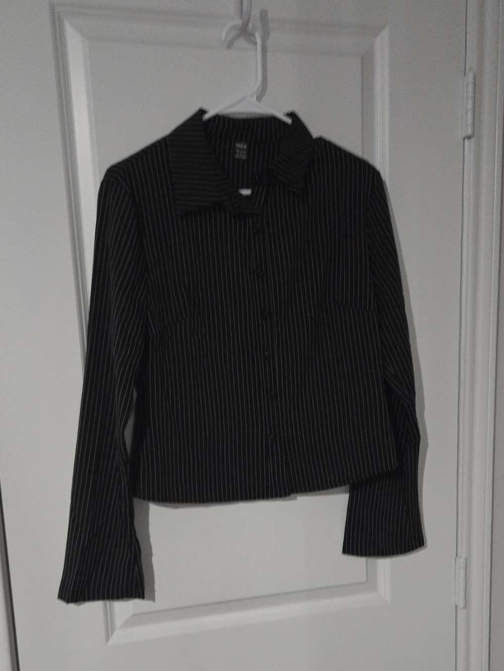 Womens Black Pinstripe Button-Up Shirt